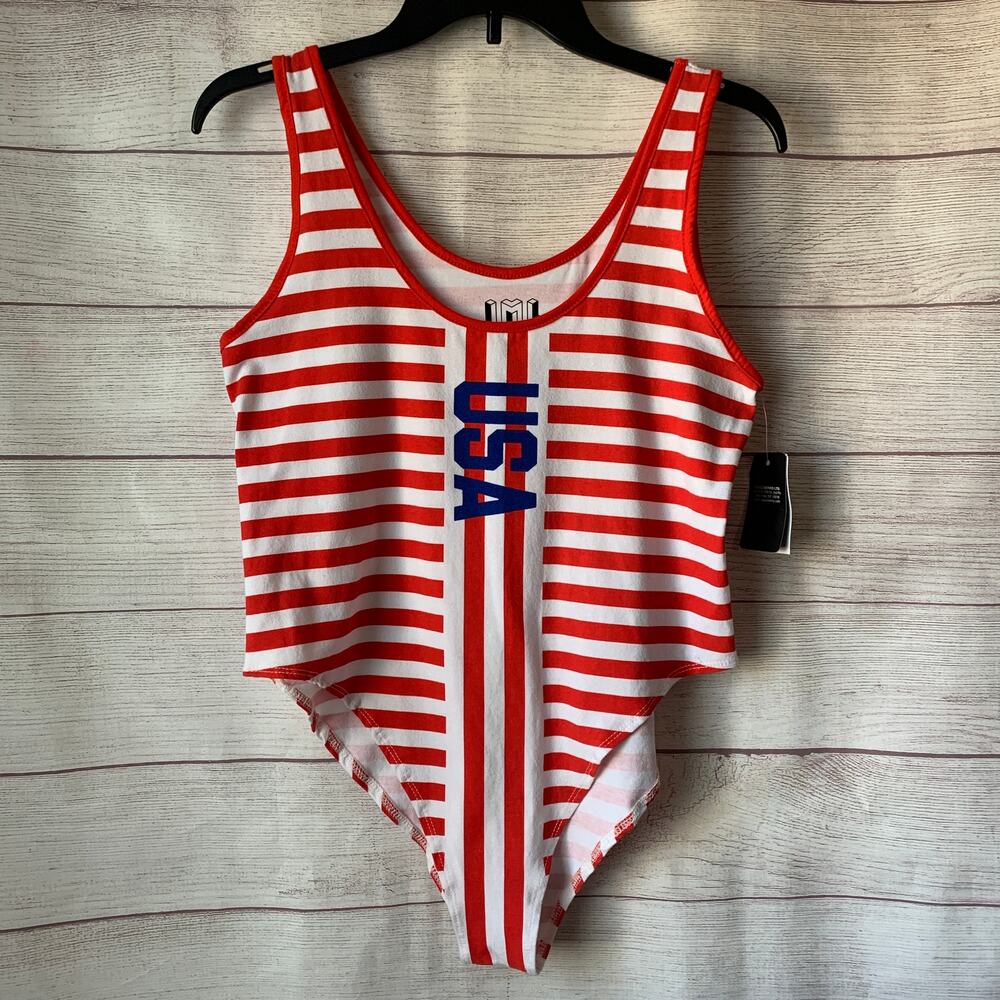 IML Isaac Morris Stripe USA Bodysuit Red White Blue Tank Size L